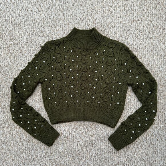Zara Green Open Back Knit Sweater w/ Pearl Small Holiday Elegant Fun - Picture 4 of 14